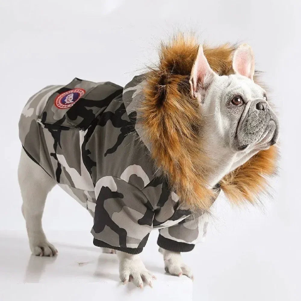 Camouflage Dog Jacket with Faux Fur Hood